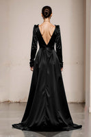 Load image into Gallery viewer, Peacock Green Satin V-Neck A Line Long Formal Dress with Sleeves