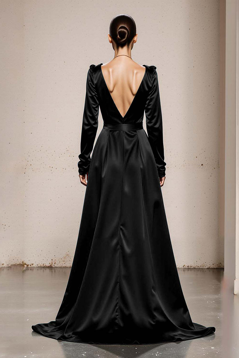 Load image into Gallery viewer, Peacock Green Satin V-Neck A Line Long Formal Dress with Sleeves