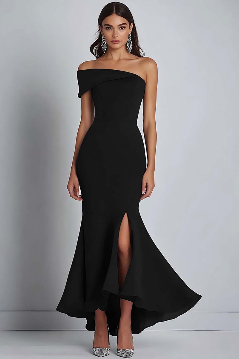 Load image into Gallery viewer, Navy Satin Off the Shoulder Sheath Long Formal Dress with Slit