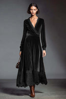 Load image into Gallery viewer, Coffee V-Neck Long Sleeves Velvet Holiday Party Dress with Lace