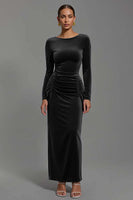Load image into Gallery viewer, Navy Velvet Sheath Boat Neck Long Holiday Party Dress with Sleeves
