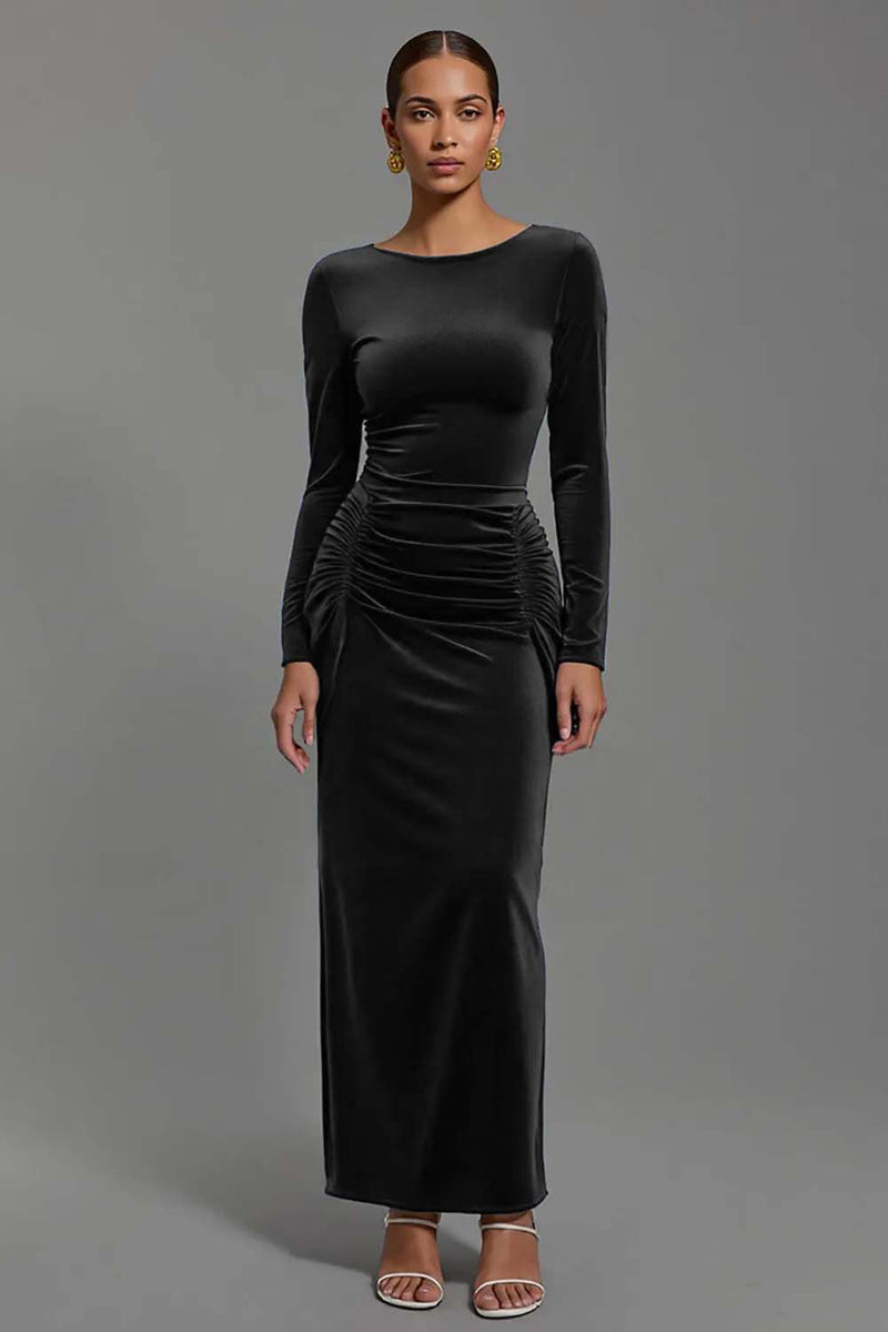 Load image into Gallery viewer, Navy Velvet Sheath Boat Neck Long Holiday Party Dress with Sleeves