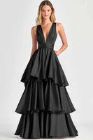 Load image into Gallery viewer, Fuchsia V-Neck Tiered Tiered Satin Long Formal Dress