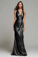Load image into Gallery viewer, Sparkly Gold Metallic Ruched Mermaid V-Neck Long Formal Dress