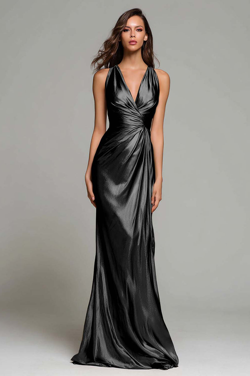 Load image into Gallery viewer, Sparkly Gold Metallic Ruched Mermaid V-Neck Long Formal Dress