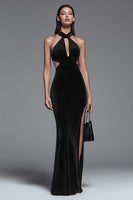 Load image into Gallery viewer, Dark Green Cut Out Mermaid Velvet Long Holiday Party Dress with Slit
