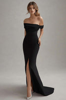 Load image into Gallery viewer, White Long Off the Shoulder Sheath Black Tie Dress with Slit