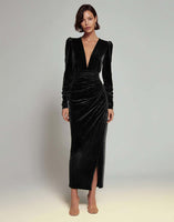 Load image into Gallery viewer, Olive Sheath Deep V-Neck Velvet Long Holiday Party Dress with Sleeves