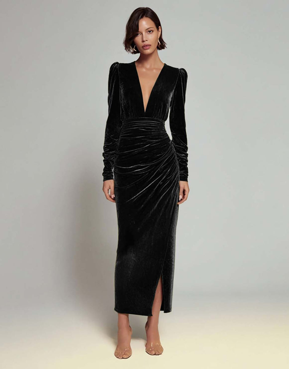 Load image into Gallery viewer, Olive Sheath Deep V-Neck Velvet Long Holiday Party Dress with Sleeves