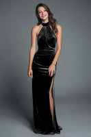 Load image into Gallery viewer, Burgundy Mermaid Halter Velvet Ruched Long Holiday Party Dress with Slit