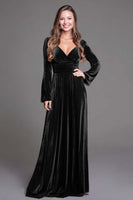 Load image into Gallery viewer, Burgundy Velvet V-Neck A-Line Long Holiday Party Dress with Sleeves