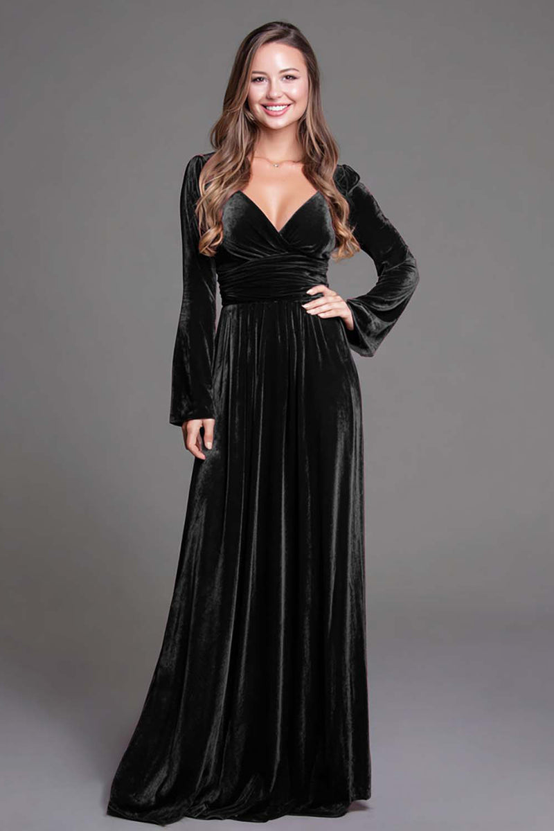 Load image into Gallery viewer, Burgundy Velvet V-Neck A-Line Long Holiday Party Dress with Sleeves