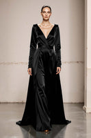 Load image into Gallery viewer, Peacock Green Satin V-Neck A Line Long Formal Dress with Sleeves