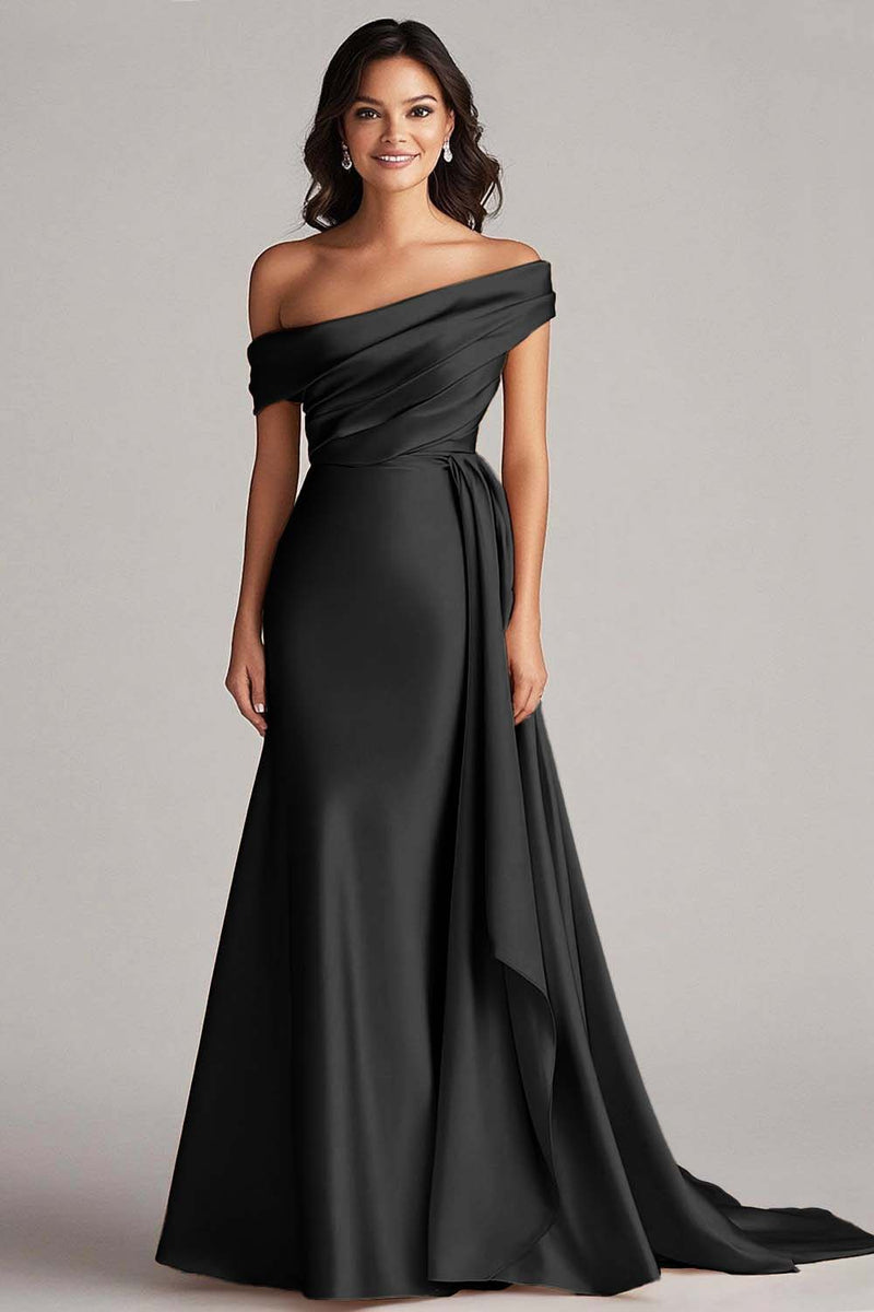 Load image into Gallery viewer, Women Black Satin Formal Dress with Side Cape Mermaid Off the Shoulder Ruched Sweep Train Gala Ball Dress