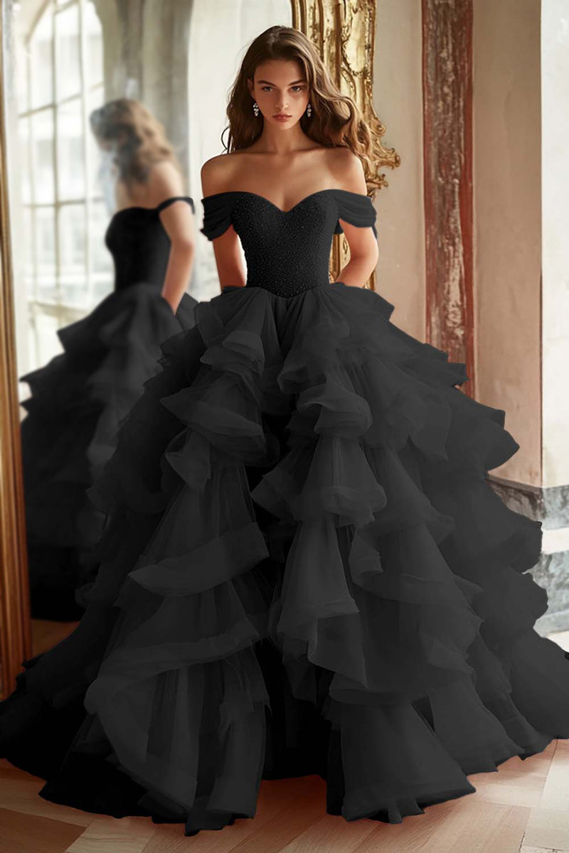 Load image into Gallery viewer, Princess Ball Gown Dusty Blue Off the Shoulder Long Tulle Prom Dress