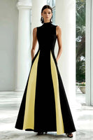 Load image into Gallery viewer, Black and White A Line High Neck Maxi Formal Dress