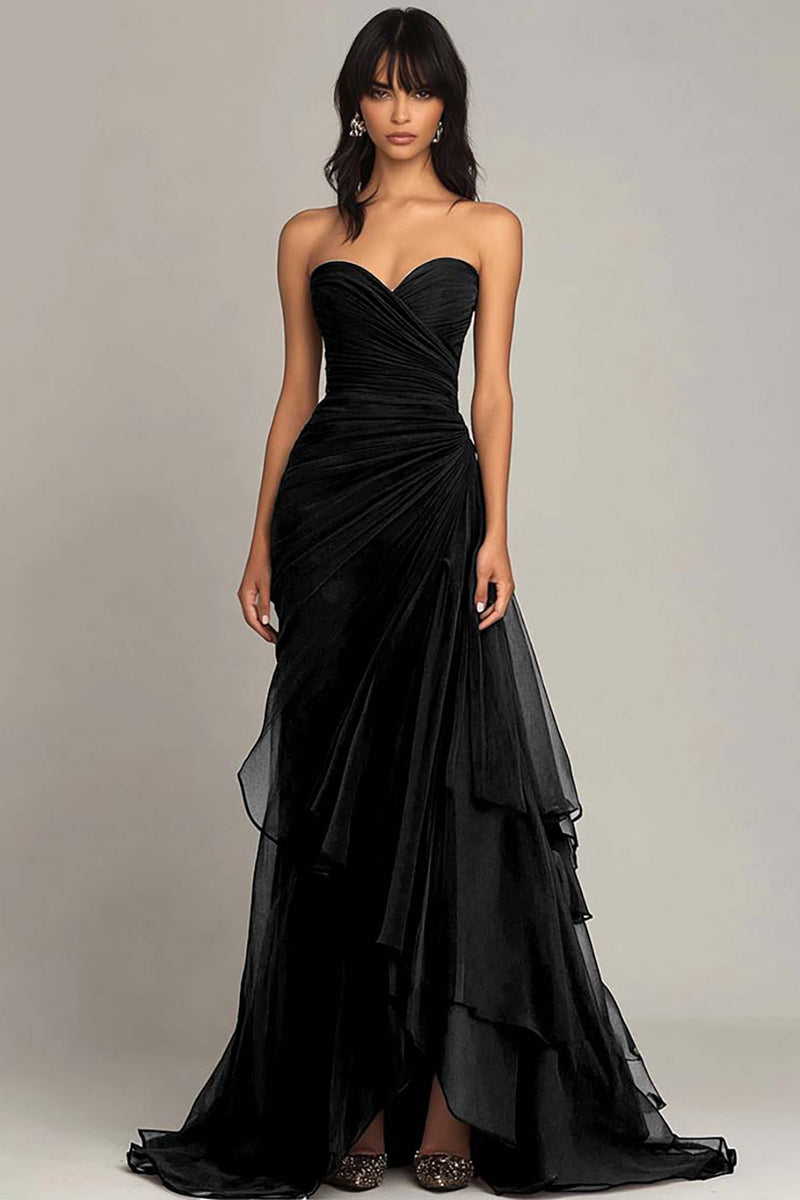 Load image into Gallery viewer, Women Black Chiffon Formal Dress Sheath Sweetheart Tiered Wedding Guest Dress Strapless Ruched Long Black Tie Dress