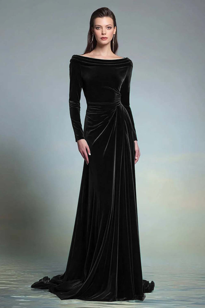 Load image into Gallery viewer, Dark Green Bateau Neck Velvet Long Formal Dress with Sleeves