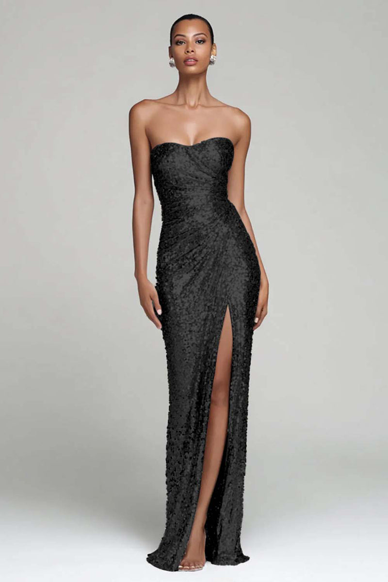 Load image into Gallery viewer, Sparkly Silver Strapless Maxi Sequin Holiday Party Dress with Slit