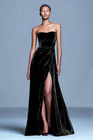 Load image into Gallery viewer, Burgundy Velvet Long Strapless Holiday Party Dress with Slit