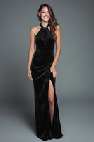 Load image into Gallery viewer, Burgundy Velvet Halter Mermaid Long Holiday Party Dress with Slit