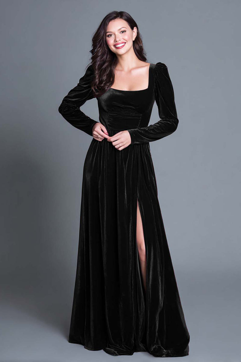 Load image into Gallery viewer, Burgundy Velvet A-Line Long Sleeves Holiday Party Dress with Slit