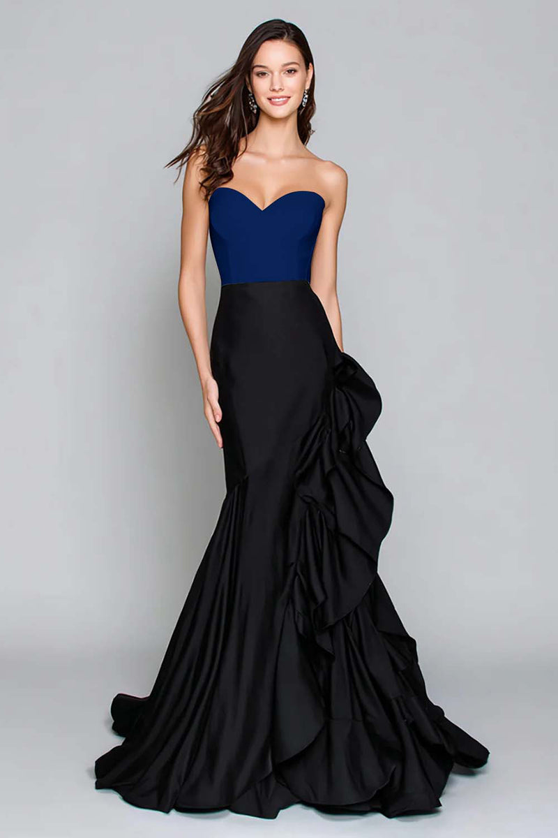 Load image into Gallery viewer, Black and White Mermaid Satin Ruffled Long Formal Dress