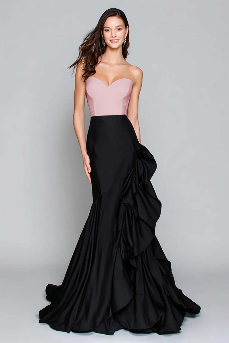 Load image into Gallery viewer, Black and White Mermaid Satin Ruffled Long Formal Dress