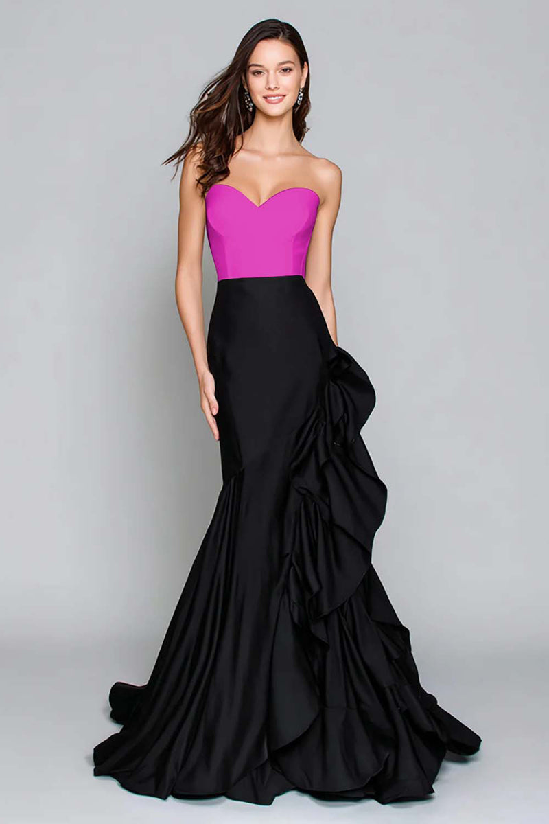 Load image into Gallery viewer, Black and White Mermaid Satin Ruffled Long Formal Dress