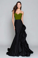 Load image into Gallery viewer, Black and White Mermaid Satin Ruffled Long Formal Dress