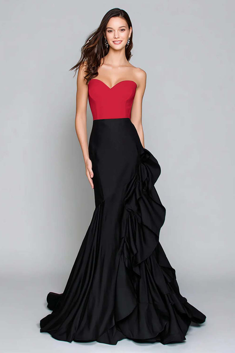 Load image into Gallery viewer, Black and White Mermaid Satin Ruffled Long Formal Dress