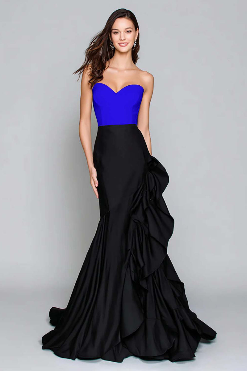 Load image into Gallery viewer, Black and White Mermaid Satin Ruffled Long Formal Dress