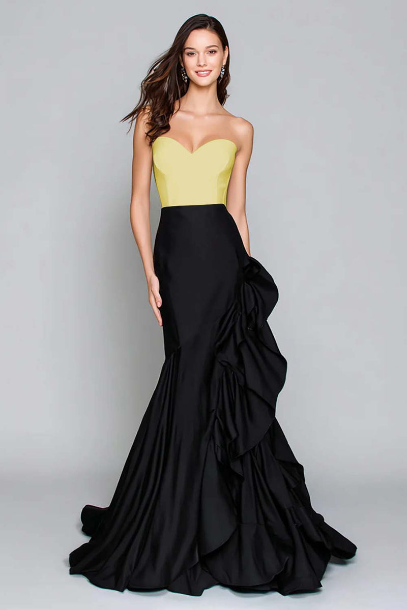 Load image into Gallery viewer, Black and White Mermaid Satin Ruffled Long Formal Dress