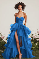 Load image into Gallery viewer, Navy Strapless Ruched Tiered Long Formal Dress with Slit