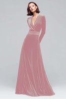 Load image into Gallery viewer, Dark Green A Line V-Neck Velvet Long Sleeves Holiday Party Dress