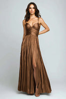 Load image into Gallery viewer, Silver Metallic Spaghetti Straps Pleated Long Formal Dress with Slit
