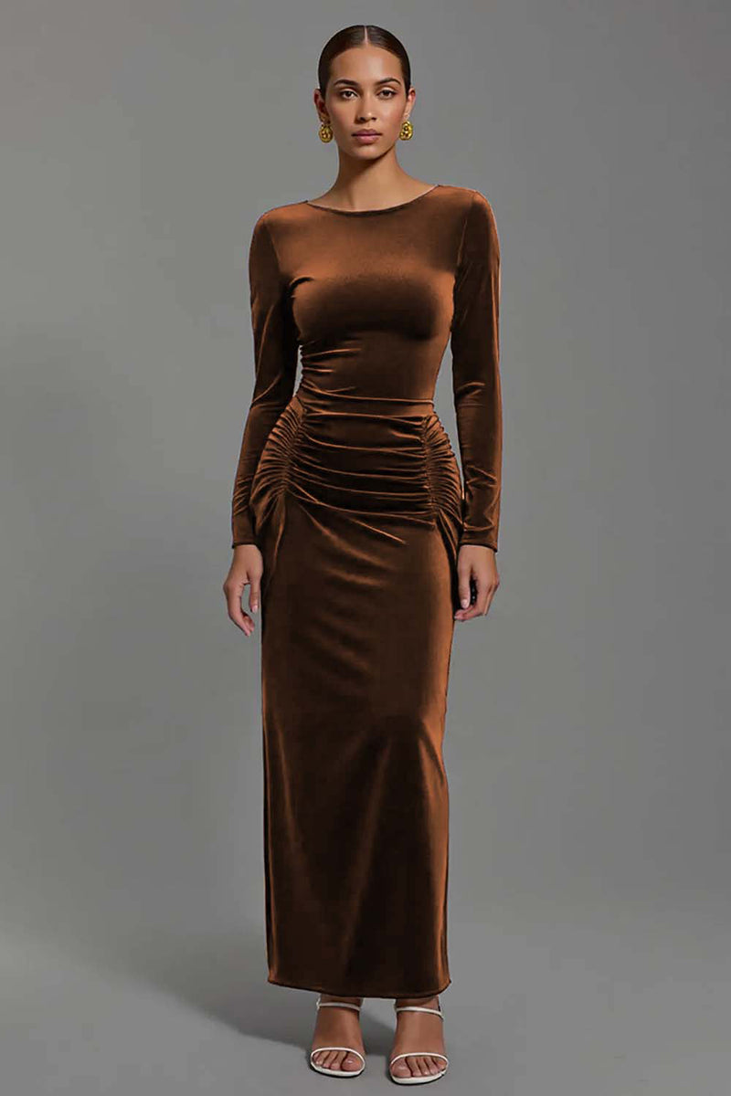 Load image into Gallery viewer, Navy Velvet Sheath Boat Neck Long Holiday Party Dress with Sleeves