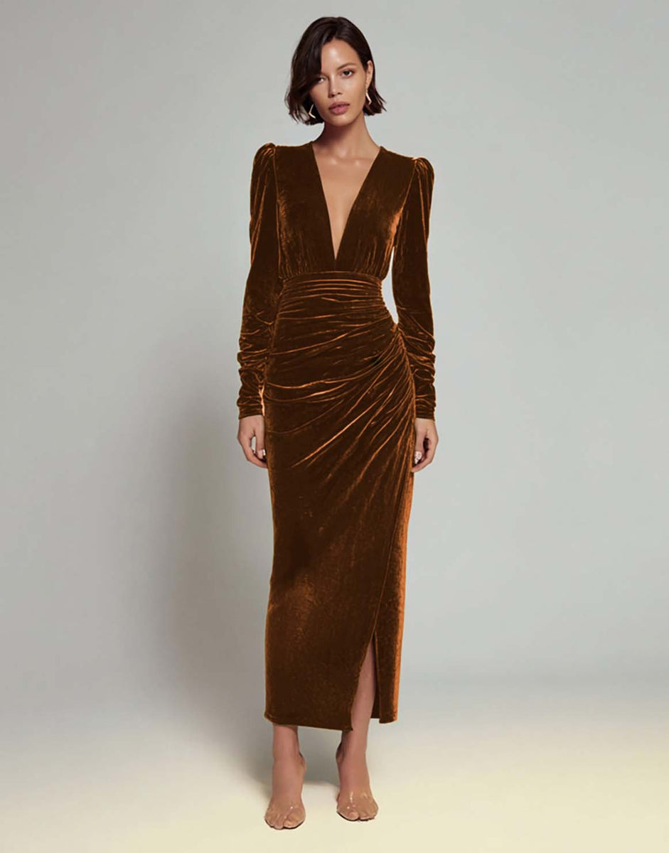 Load image into Gallery viewer, Olive Sheath Deep V-Neck Velvet Long Holiday Party Dress with Sleeves