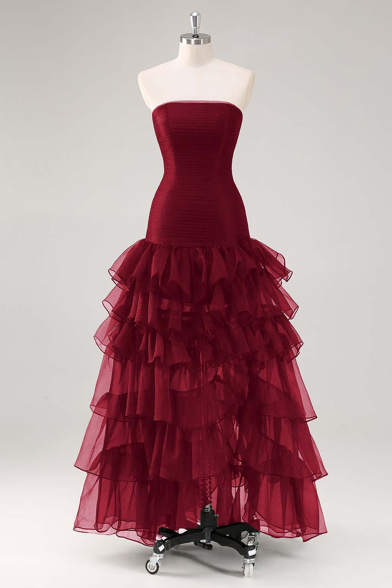 Load image into Gallery viewer, Elegant Black Strapless Tiered Maxi Organza Formal Dress with Slit