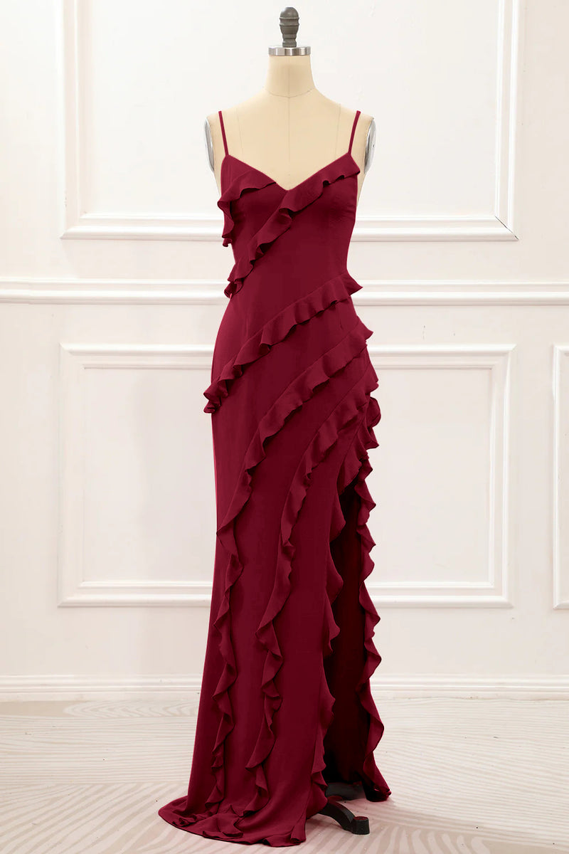 Queendancer Women Burgundy Prom Dress Mermaid Spaghetti Straps Formal Dress  With Ruffles – queendanceruk