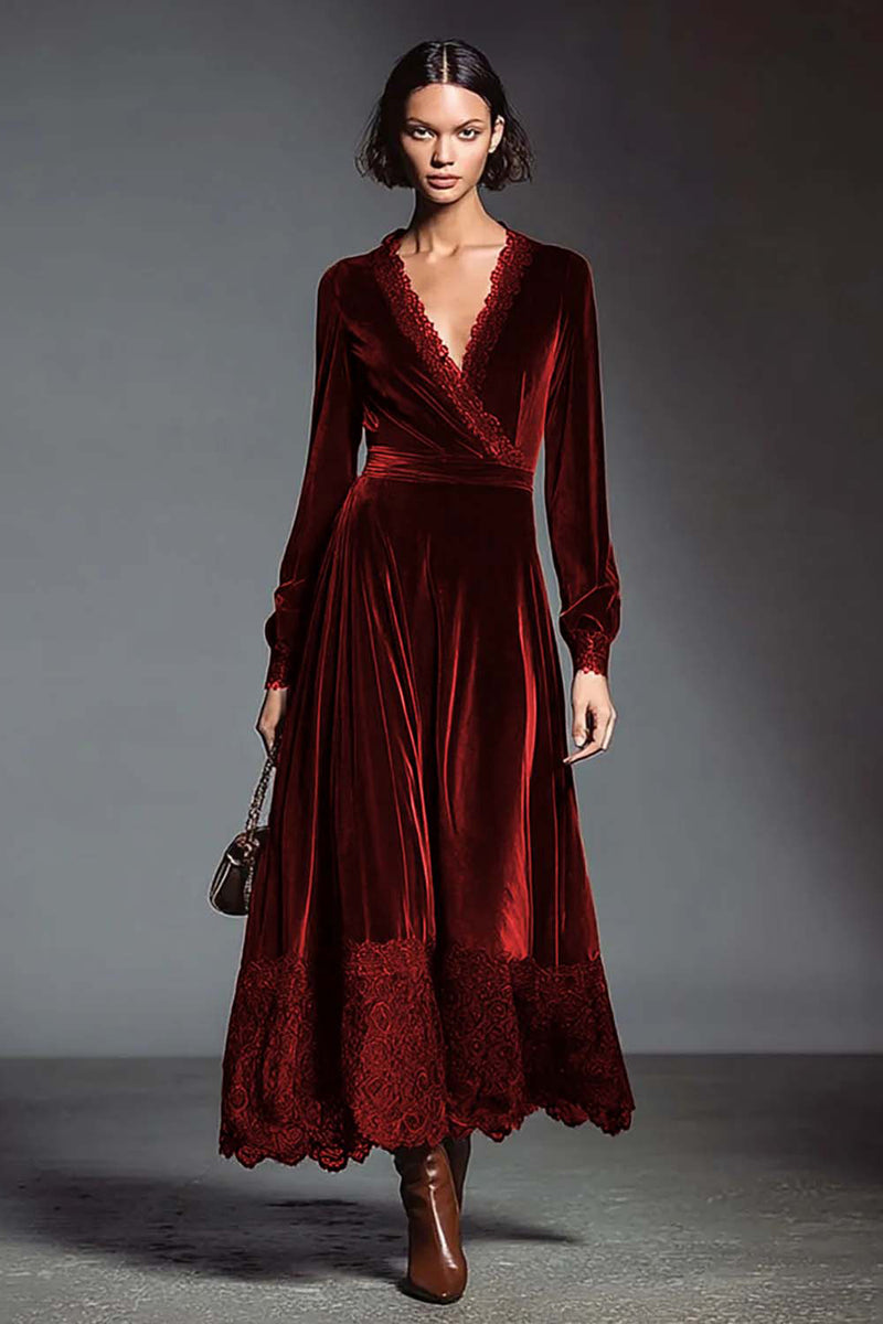 Load image into Gallery viewer, Coffee V-Neck Long Sleeves Velvet Holiday Party Dress with Lace
