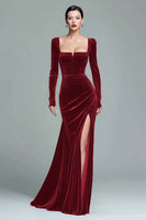 Load image into Gallery viewer, Dark Green Square Neck Velvet Long Holiday Party Dress with Slit