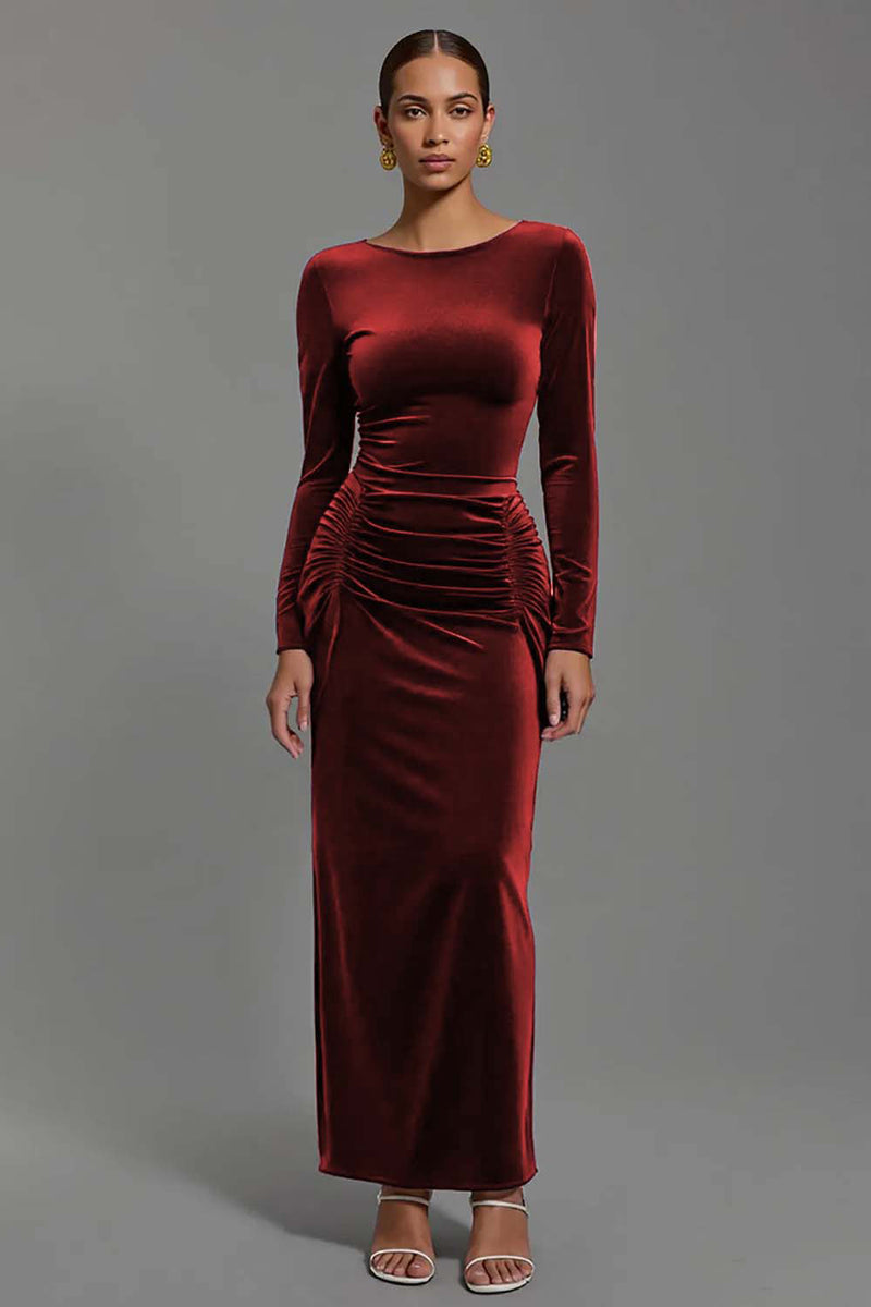 Load image into Gallery viewer, Navy Velvet Sheath Boat Neck Long Holiday Party Dress with Sleeves