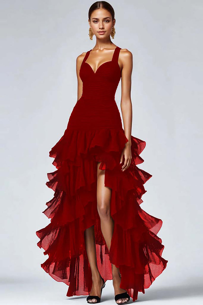 Load image into Gallery viewer, Women Burgundy Organza Ruffled Formal Dress Spaghetti Straps A Line High Low Black Tie Dress