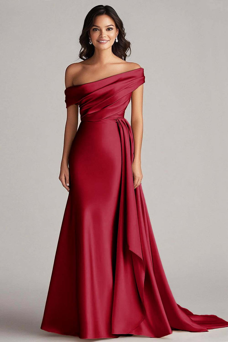 Load image into Gallery viewer, Women Burgundy Satin Formal Dress with Side Cape Mermaid Off the Shoulder Ruched Sweep Train Gala Ball Dress