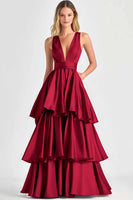 Load image into Gallery viewer, Fuchsia V-Neck Tiered Tiered Satin Long Formal Dress