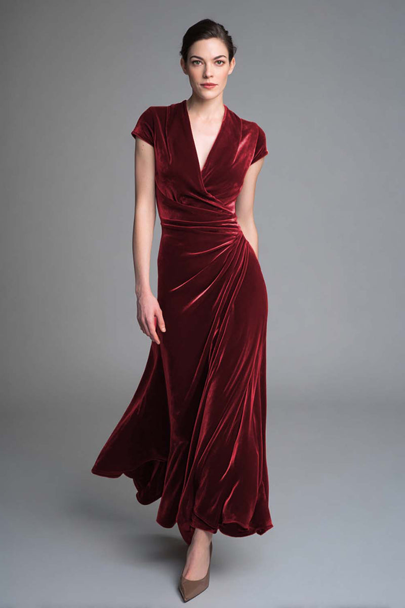 Load image into Gallery viewer, Caramel Velvet Ruched V Neck Long Holiday Party Dress with Sleeves
