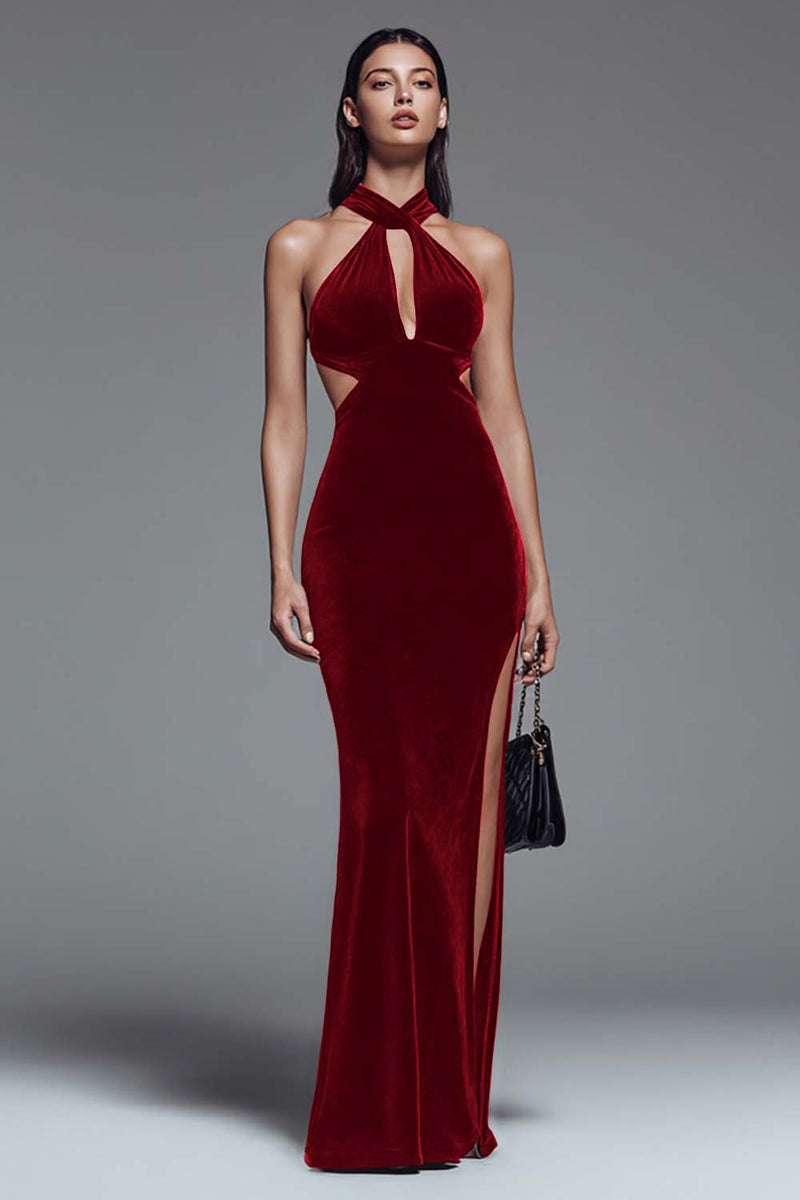Load image into Gallery viewer, Dark Green Cut Out Mermaid Velvet Long Holiday Party Dress with Slit