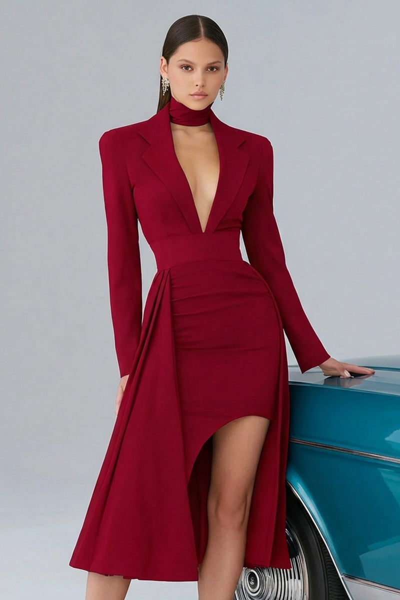 Queendancer Women Black Long Sleeves Midi Cocktail Dress with Keyhole