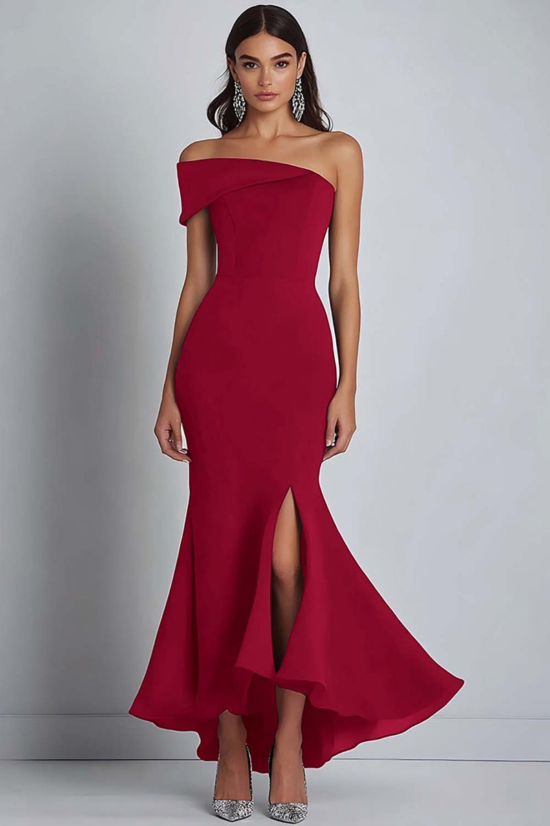 Load image into Gallery viewer, Navy Satin Off the Shoulder Sheath Long Formal Dress with Slit